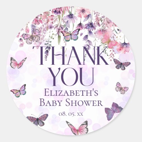 Purple Pink Butterflies  Wildflowers Baby Shower Classic Round Sticker