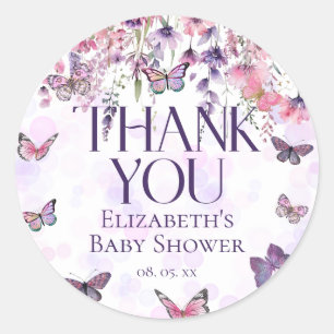 Purple Pink Butterflies & Wildflowers Baby Shower Classic Round Sticker