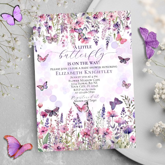Purple Pink Butterflies & Wildflowers Baby Shower Invitation (Creator Uploaded)