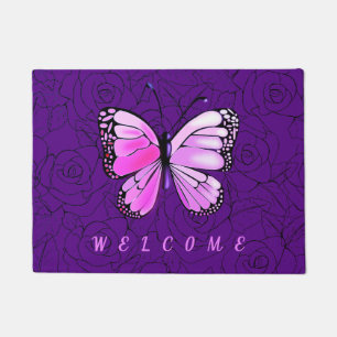 Purple Pink Butterfly And Roses Welcome Doormat