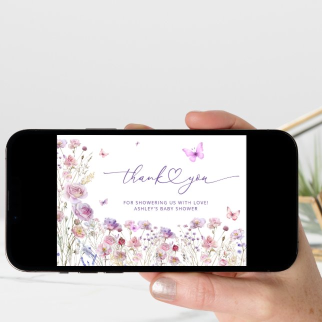 Purple Pink Butterfly Baby Shower Thank You Card (Front Digital)