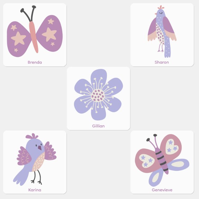 Purple pink butterfly bird flower personalized kids' labels (Group)