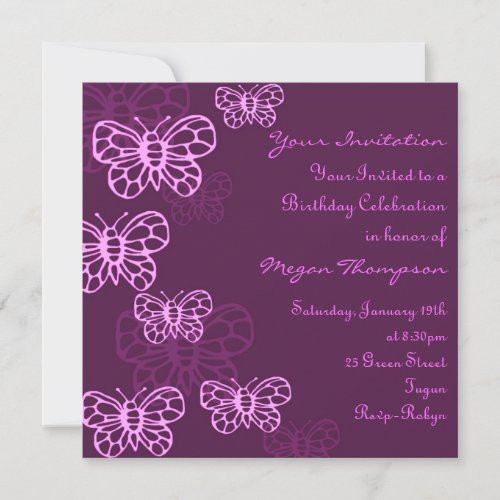Purple  Pink Butterfly Birthday Invitation