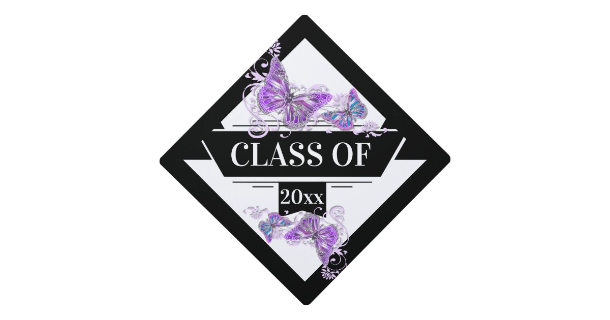 Purple pink butterfly class of elegant custom graduation cap