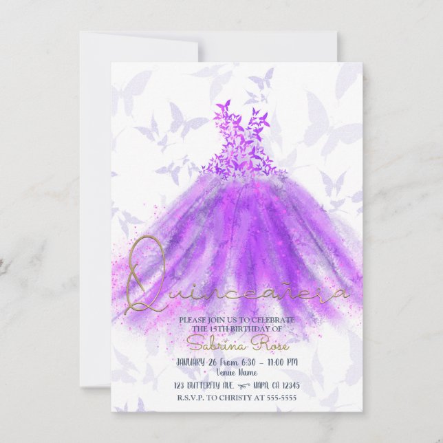 Purple & Pink Butterfly Dance Dress Quinceañera  Invitation (Front)