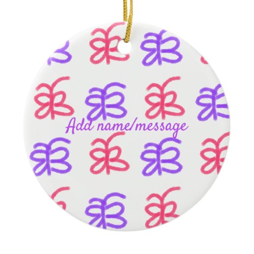 Purple pink butterfly doodle pattern add name text ceramic ornament