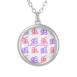 Purple pink butterfly doodle pattern add name text silver plated necklace