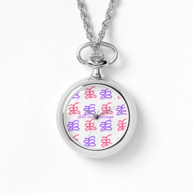 Purple pink butterfly doodle pattern add name text watch (Front)