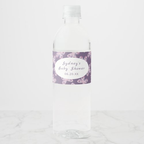 Purple Pink Butterfly Pattern Personalized Water Bottle Label