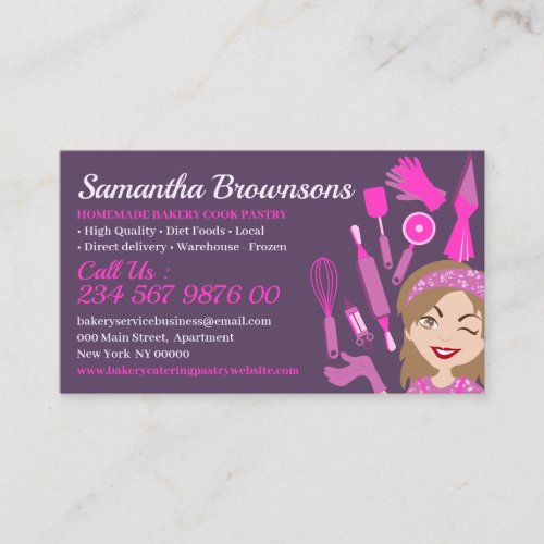 Purple Pink Cartoon Lady Bakery Cake Pastry Cook Business Card