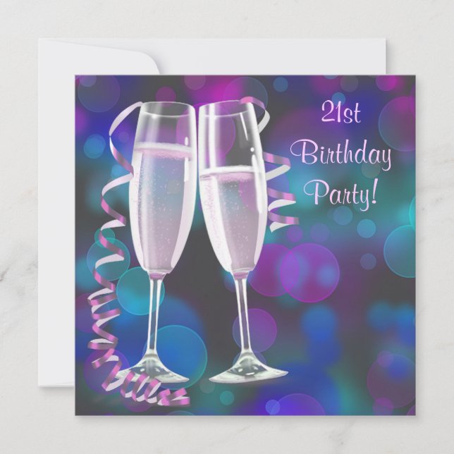 Purple Pink Champagne Womans 21st Birthday Party Invitation (Front)