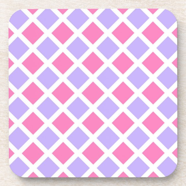 Purple Pink Checker Diamond Pattern Beverage Coaster (Front)