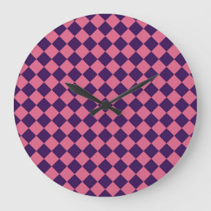 Purple Pink Checker Diamond Pattern Large Clock