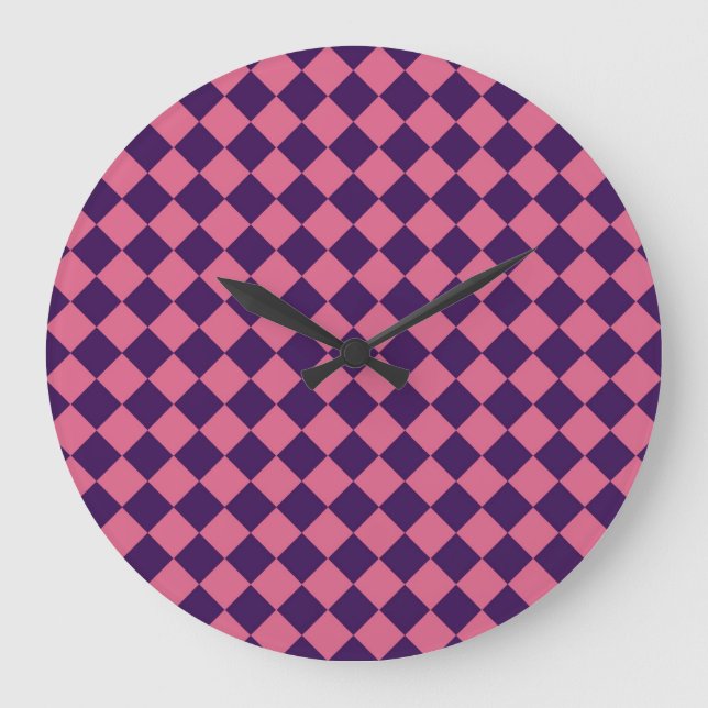 Purple Pink Checker Diamond Pattern Large Clock (Front)