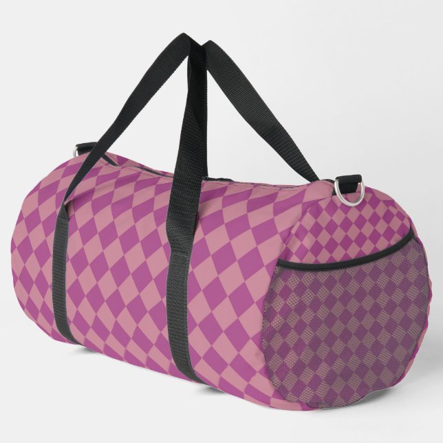 Purple Pink Checker Diamond Pattern Large Duffle Bag (Right Corner)