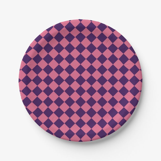 Purple Pink Checker Diamond Pattern Paper Plates (Front)