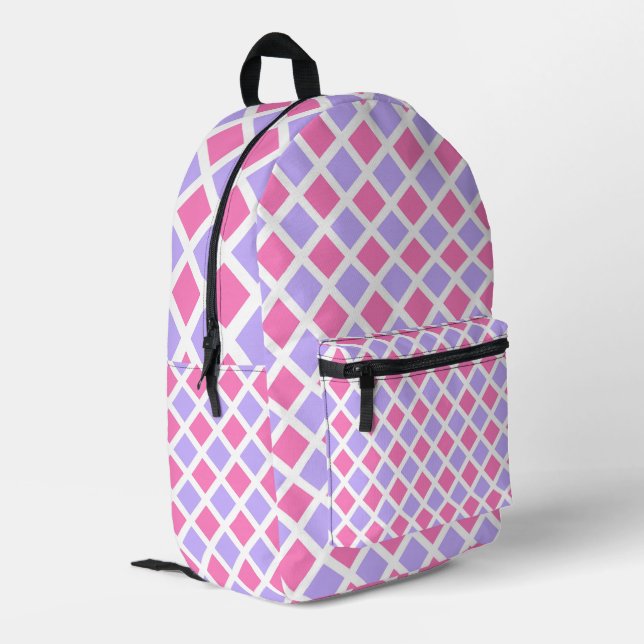 Purple Pink Checker Diamond Pattern Printed Backpack (Back Corner Left)