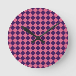 Purple Pink Checker Diamond Pattern Round Clock