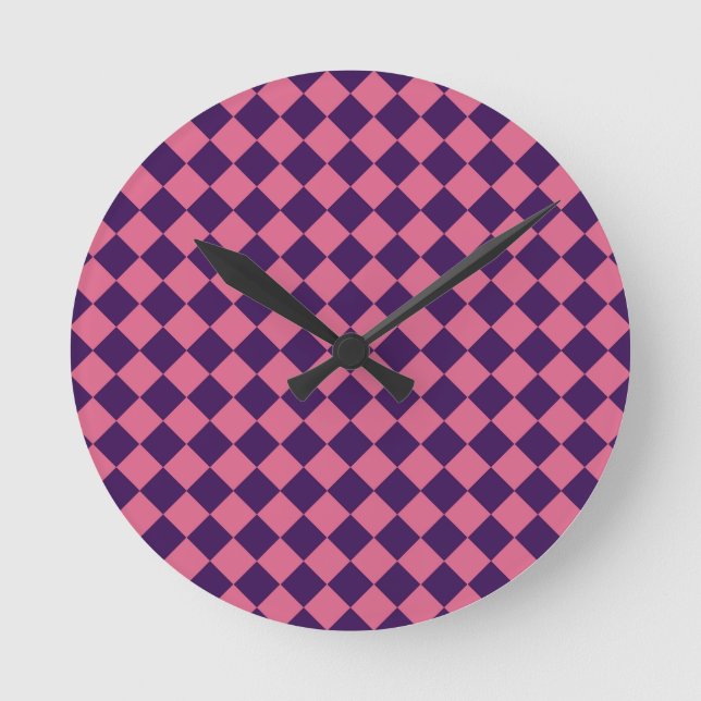Purple Pink Checker Diamond Pattern Round Clock (Front)