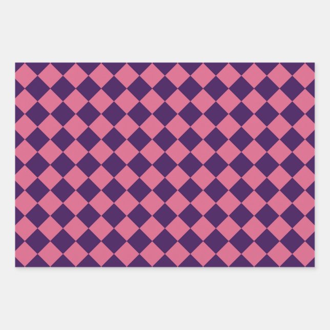 Purple Pink Checker Diamond Pattern Wrapping Paper Sheets (Front)