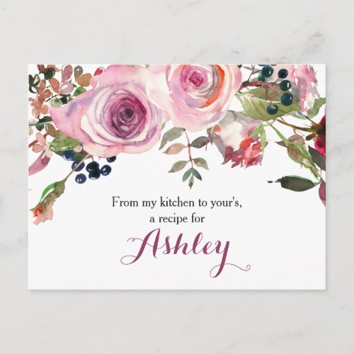 Purple Pink Chic Rose Floral Recipe Card