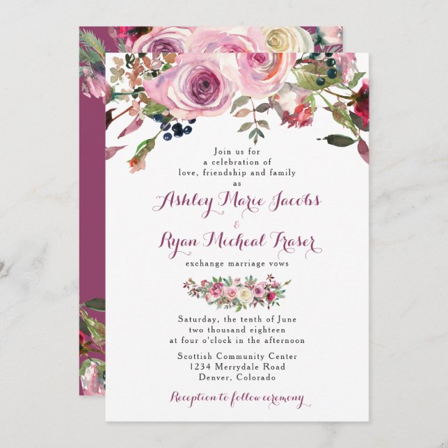 Purple Pink Chic Rose Floral Wedding Invitation (Front/Back)