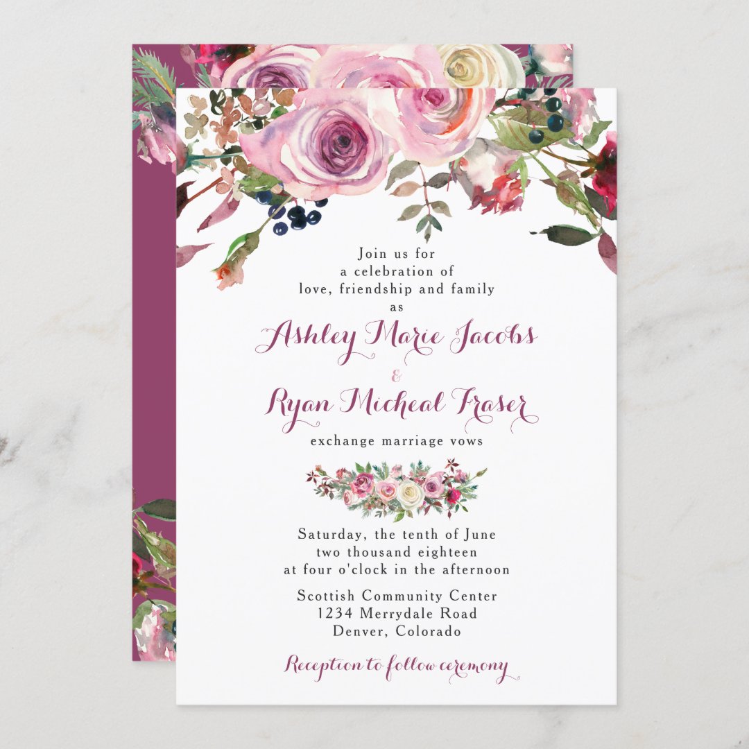 Purple Pink Chic Rose Floral Wedding Invitation | Zazzle