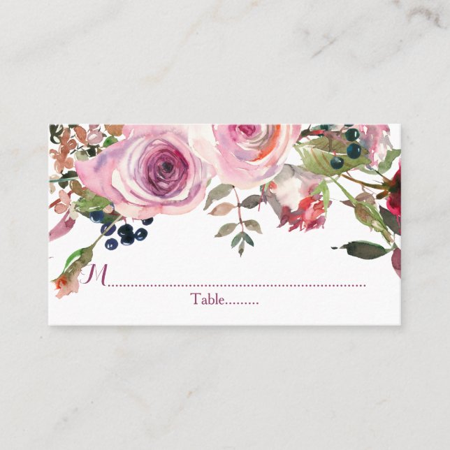 Purple Pink Chic Rose Floral Wedding Place Cards (Front)