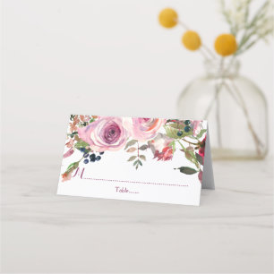 Purple Pink Chic Watercolor Rose Floral Wedding Place Card