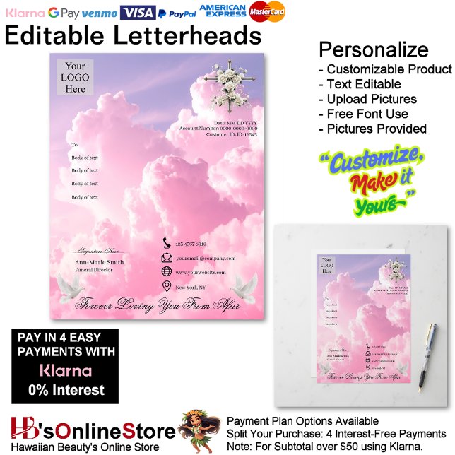 Purple Pink Clouds Dove Cross Funeral Memorial  Letterhead (Purple Pink Clouds Dove Cross Funeral Memorial Letterhead.)