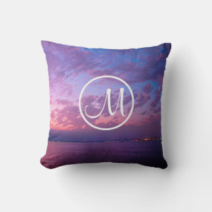 Purple pink clouds ocean sunset photo monogram throw pillow