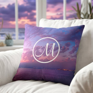 Purple pink clouds ocean sunset photo monogram throw pillow