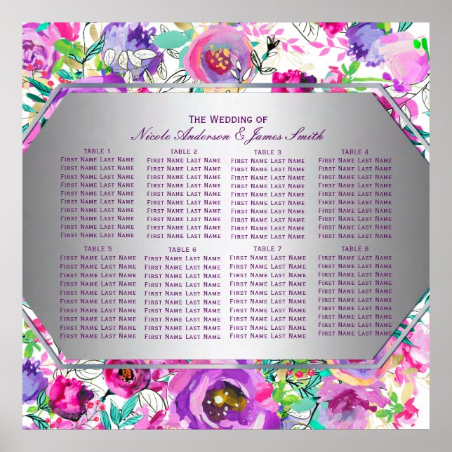 Purple Pink Colorful Modern Floral Seating Chart (Front)