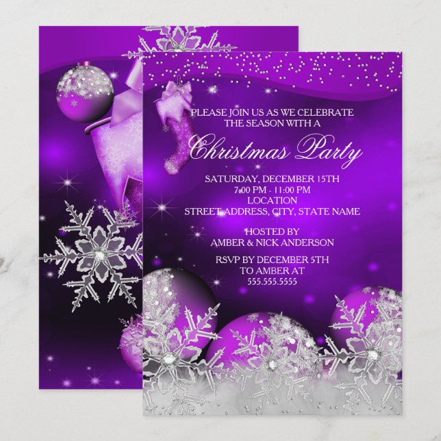Purple Pink Crystal Snowflake Christmas Party Invitation (Front/Back)