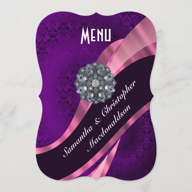 Purple pink damask  elegant formal wedding menu (Front)