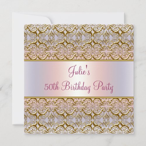 Purple Pink Damask Womans 50th Birthday Party Personalized Invite