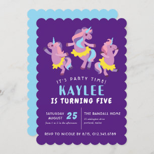 Purple Pink Dancing Unicorn Kids Birtnday Invitation