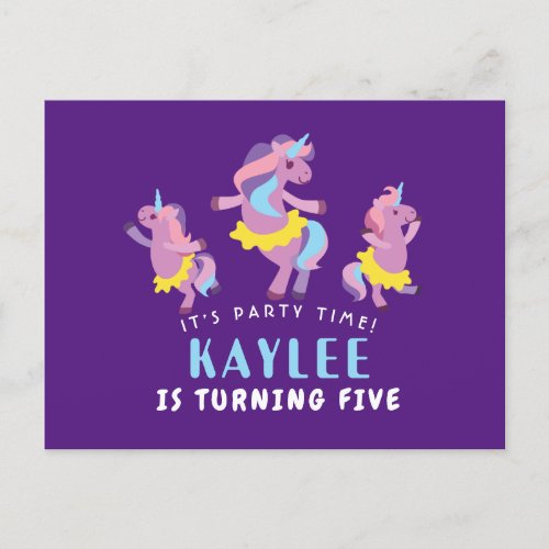 Purple Pink Dancing Unicorn Kids Birtnday Invitation Postcard