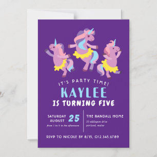 Purple Pink Dancing Unicorn Kids Birtnday Magnetic Invitation