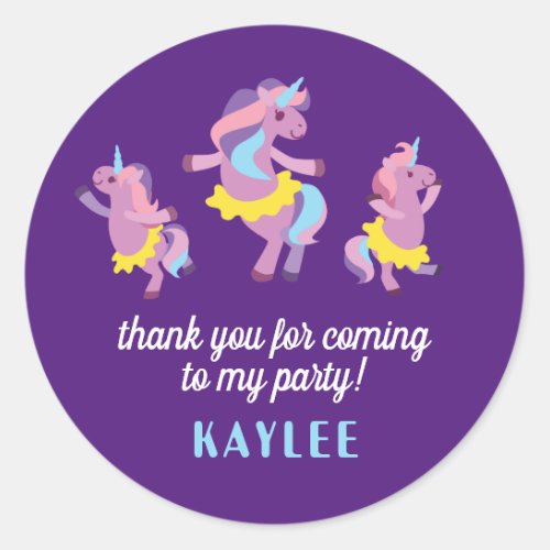 Purple Pink Dancing Unicorns Thank You Birthday Classic Round Sticker