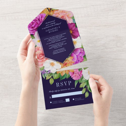 Purple Pink Dark Blue Bold Colorful Floral Wedding All In One Invitation