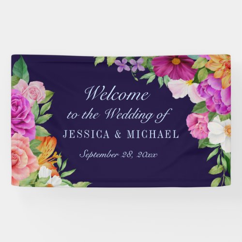 Purple Pink Dark Blue Bold Floral Wedding Welcome Banner