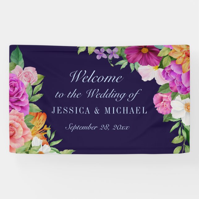 Purple Pink Dark Blue Bold Floral Wedding Welcome Banner (Horizontal)