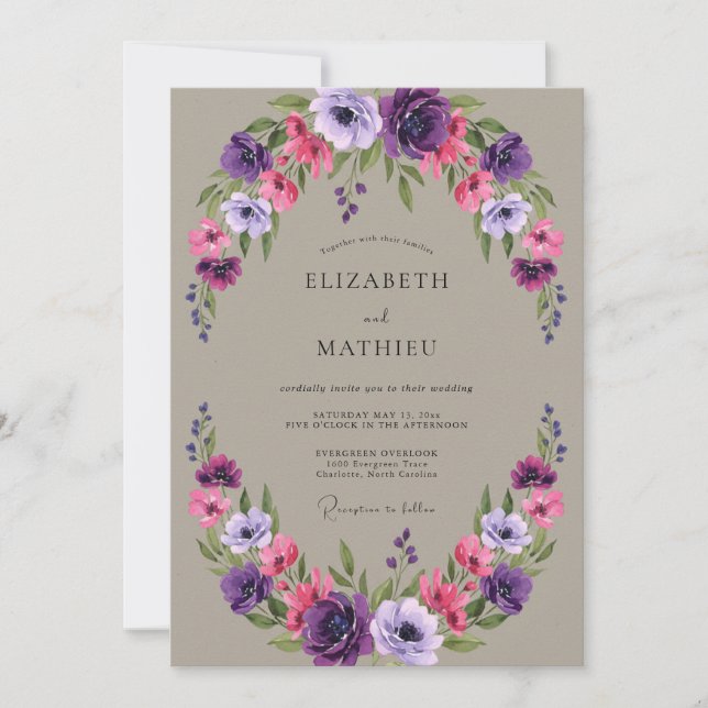 Purple Pink Delicate Bloom Wedding Invitation (Front)
