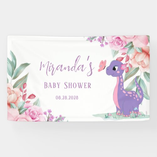  Purple Pink Dinosaur Butterfly Girl Baby Shower Banner