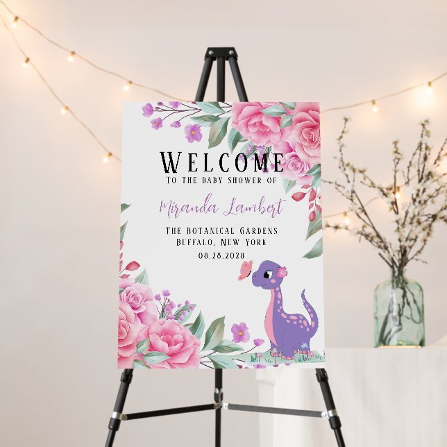  Purple Pink Dinosaur Butterfly Girl Welcome Sign (In Situ (Stand))