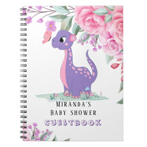 Purple Pink Dinosaur Girl Baby Shower Guestbook Notebook