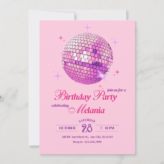 Purple pink disco party birthday invitation (Front)