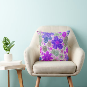 Purple Pink Doodle Daisies Throw Pillow