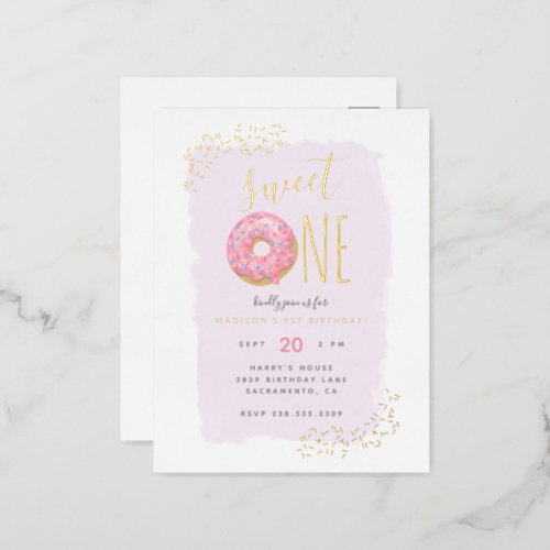 Purple  Pink Doughnut Sprinkle Sweet 1st Birthday Foil Invitation Postcard